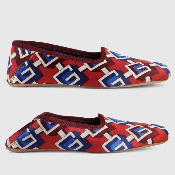 GUCCI SHOES GEOMETRIC G LOGO RED BLUE WHITE SATIN SLIPPER sz 39 9 US